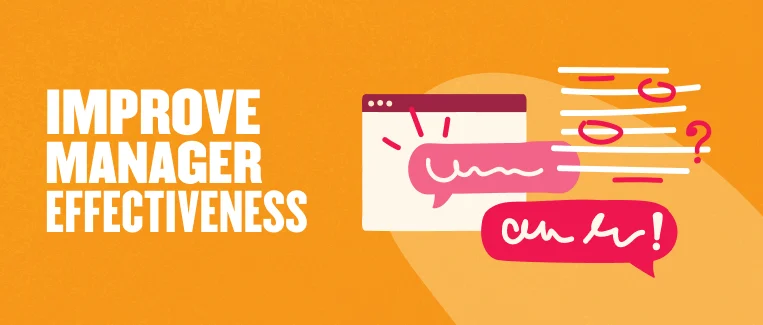 improve manager effectiveness, colorful graphic with speech bubbles and browser icon on bright orange background